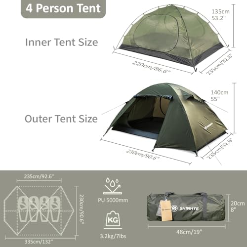 ShinHye Backpacking Tent 2/3/4 Person - Ultralight Dome Portable Tents for Camping Easy Set Up, Outdoor Hiking Waterproof Camp Instant Tent Two Doors Double Layer