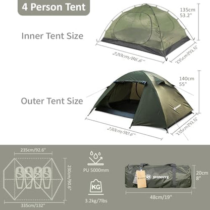 ShinHye Backpacking Tent 2/3/4 Person - Ultralight Dome Portable Tents for Camping Easy Set Up, Outdoor Hiking Waterproof Camp Instant Tent Two Doors Double Layer