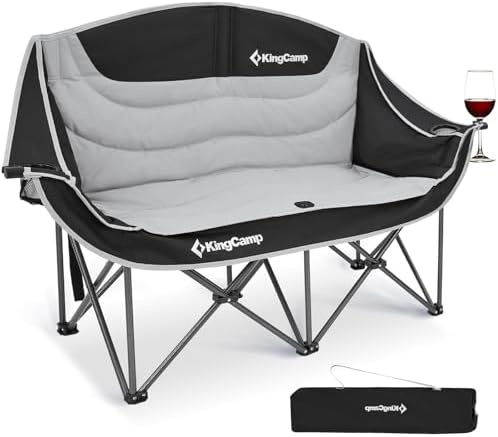 KingCamp Double Camping Chair, Oversized Heavy Duty 660lbs Loveseat for Adults Portable Folding XL 2 Person Couch Padded Comfortable Two Seat with Cup Holder for Outdoor Lawn Backyard, Black/Grey