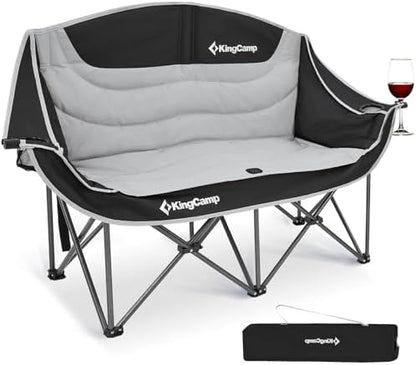 KingCamp Double Camping Chair, Oversized Heavy Duty 660lbs Loveseat for Adults Portable Folding XL 2 Person Couch Padded Comfortable Two Seat with Cup Holder for Outdoor Lawn Backyard, Black/Grey