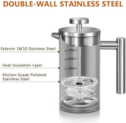 French Press Coffee Maker 34oz, Stainless Steel Double Wall Insulated, 3 Extra Filters & Coffee Spoon for Hot/Cold Brew, Durable Coffee Press for Home, Camping, Office - Silver