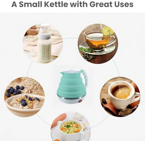 Travel Kettle, Portable Electric Kettle, Collapsible Tea Kettle Travel, Hot Water Boiler Electric, Food Grade Silicone, Auto Shut off and Keep Warm, 110V 555ml Green