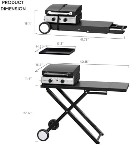 ROVSUN 2 Burner Foldable Propane Griddle with Wheels, Enameled Tray & Lid, 20000 BTU Portable Rolling Flat Top Gas Grill with Electronic Ignition & Regulator for Outdoor Cooking Camping BBQ Tailgating
