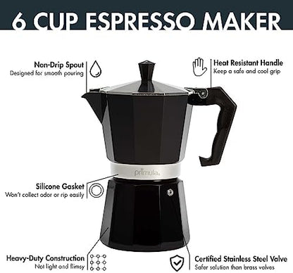 Primula Classic Moka Pot Stovetop Espresso and Coffee Maker, Italian and Cuban Cafetera for Rich Espresso Brewing, Durable Aluminum Greca Coffee Maker with Easy Grip Handle, 6-Cup, Black