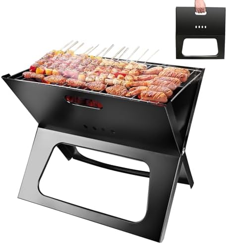 Folding Charcoal Grills, Black Notebook-Style Small Portable BBQ Grill for Outdoor Camping, Picnics, Cooking, Bonfire, Patio, Backyard