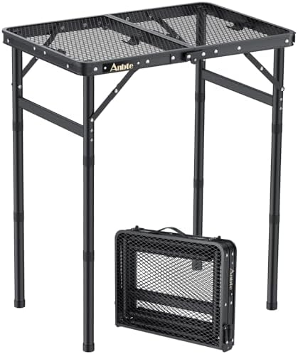 Anbte Folding Grill Table, Aluminum Camping Table Adjustable Height Max 27.5" Picnic Table Outdoor Table, Lightweight, Portable Handle for Travel Cooking BBQ Picnic, 22.8" x 16", Black