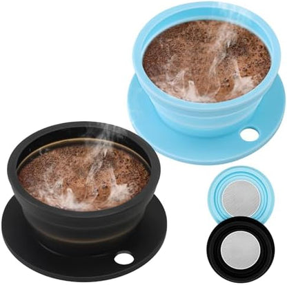2 Pieces Paperless Travel Pour Over Coffee Maker with Stainless Steel Coffee Filter - Camping Pour Over Coffee Maker Set - Collapsible Travel Pour over Coffee Dripper Kit Single Cup (Black+Blue)