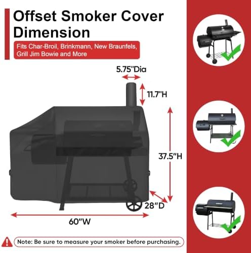 iCOVER Offset Smoker Cover 60 inch, Grill Cover with Smoke Stack, Heavy Duty Waterproof 600D Offset Grill Cover, for Brinkmann, Grill Jim Bowie, New Braunfels, Oklahoma Joe's