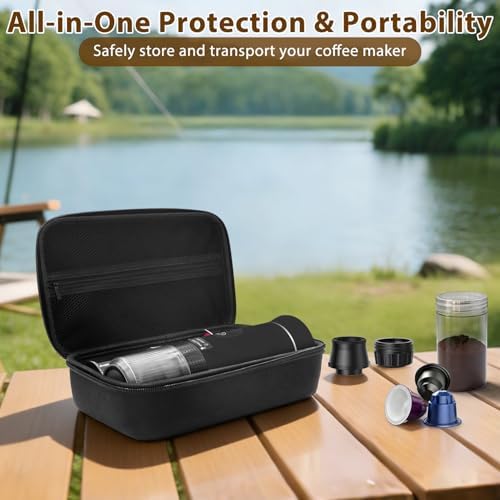 Portable Coffee Maker for Travel & Camping, Portable Espresso Maker with Bag, Rechargeable Cordless Battery Operated Coffee Makers for Ground Coffee, NS Capsule RV, Hiking, Office(Black)