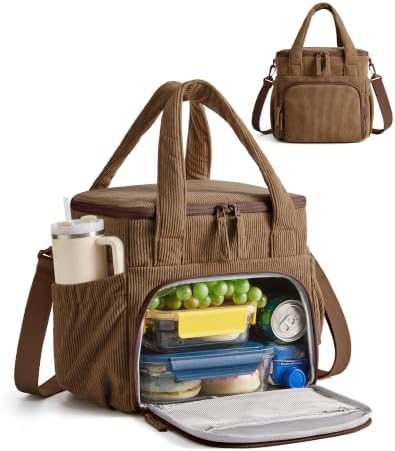 BAGSMART Corduroy Large Lunch Bag Women 14L Double Deck Insulated Lunch Box