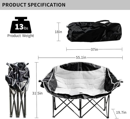 Double Camping Chairs, Heavy Duty Outdoor Camping Chair 2 Person Folding Loveseat Chair with Cup Holders for Outdoor Camping Sports Fishing for Adults