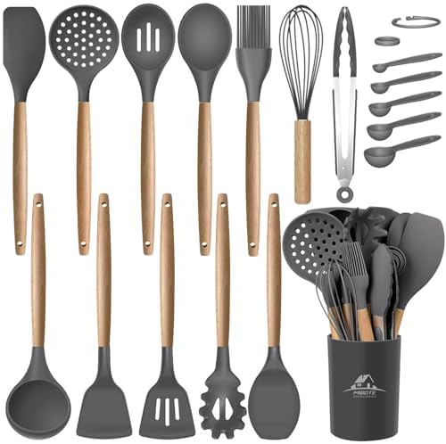 MIBOTE Silicone Cooking Kitchen Utensils Set, 17 Pcs, Wooden Handle, Grey