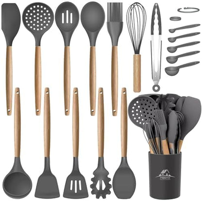 MIBOTE Silicone Cooking Kitchen Utensils Set, 17 Pcs, Wooden Handle, Grey