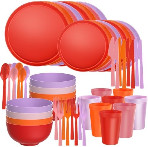 56 Piece Plates and Bowls Sets for 8, Kitchen Dinnerware Sets, Plastic