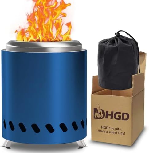 HGD Small Tabletop Fire Pit 8.8 x 8.6 in, Portable Mini Smokeless Table Top Firepit, Low Smoke Camping Stove for Outdoor & Patio, Fueled by Pellets or Wood, with Travel Bag, Stainless Steel, Blue