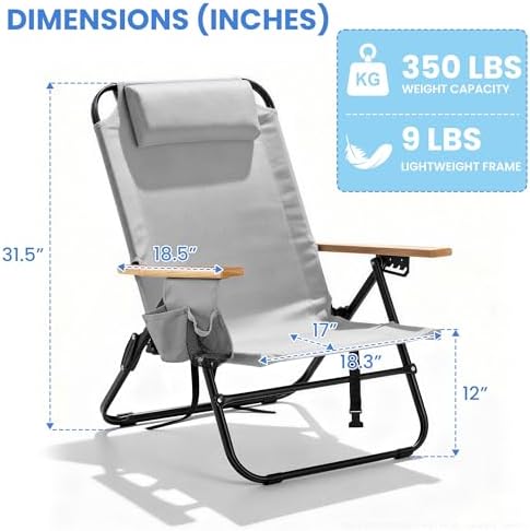 2 Pack Premium 5-Position Reclining Camping Chair - Portable Folding Lightweight Outdoor Chair with Wooden Armrests, Headrest & Pockets, 350lbs Heavy Duty for Beach, Patio, Light Grey