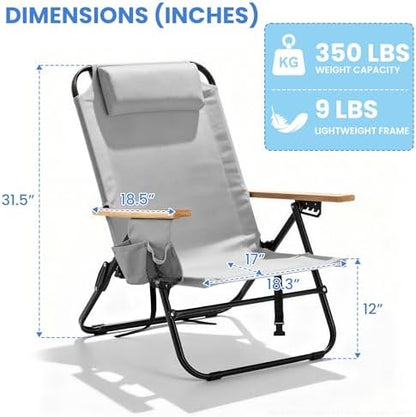 2 Pack Premium 5-Position Reclining Camping Chair - Portable Folding Lightweight Outdoor Chair with Wooden Armrests, Headrest & Pockets, 350lbs Heavy Duty for Beach, Patio, Light Grey