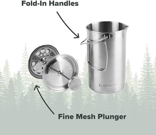 Coghlan's Stainless Steel French Press Coffee Maker – 4-Cup (32 oz), Campfire & Stovetop Safe, Portable & Durable – Fine Mesh Filter, Folding Handle, Dishwasher Safe – For Camping, Home, or Travel