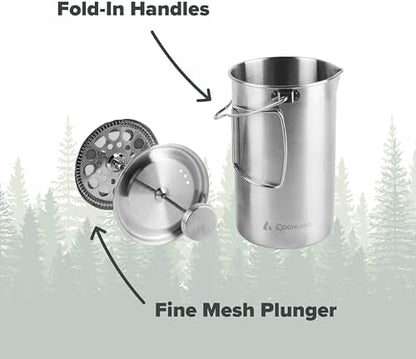 Coghlan's Stainless Steel French Press Coffee Maker – 4-Cup (32 oz), Campfire & Stovetop Safe, Portable & Durable – Fine Mesh Filter, Folding Handle, Dishwasher Safe – For Camping, Home, or Travel