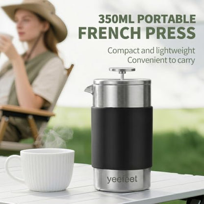 Small French Press, 12 oz French Press Coffee Maker, Mini Prensa Francesa for 2 Cups, Portable Stainless Steel Travel French Press, Single Serve for Home Office Camping