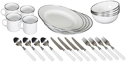 Stansport Deluxe 24-Piece Enamel Tableware Set - Enamel Plates and Bowls Lightweight and Durable Camp Dish Set for Camping and Backpacking Plates and Bowls for 4 People