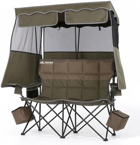 Padded Double Camping Chair With Canopy,Folding Chair Support 450LBS, Green