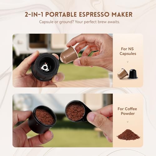 PO100 Portable Electric Espresso Machine, Self-Heating Travel Coffee Maker, Dual Use for Ground & Nespresso Capsules, Portable Coffee Brewer for Camping Car Office
