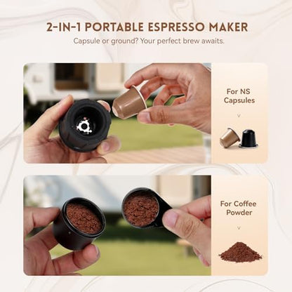 PO100 Portable Electric Espresso Machine, Self-Heating Travel Coffee Maker, Dual Use for Ground & Nespresso Capsules, Portable Coffee Brewer for Camping Car Office