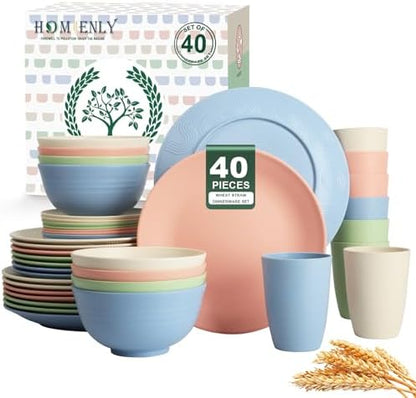 Homienly 40-Piece Dinnerwave Sets, Service for 8, Wheat Straw Dinnerware Set - Plates and Bowls Set with Cups, Lightweight Microwave and Dishwasher Safe Dish Set for Dinner, Outdoor - Multi Light