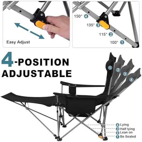 Romswi 2Pack 4-Position Reclining Camping Chair with Removable Footrest, 2-in-1 Adjustable Portable Lounge Chair with Cooler Bag, Cup Holder, Side Pockets & Carry Bag for Outdoor, Black