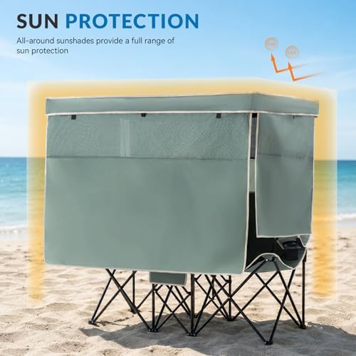 Double Beach Chair with Canopy Shade Oversized Camping Chairs with Canopy, Cooler Bag & Cup Holder Folding Loveseat for Camp Fishing Beach