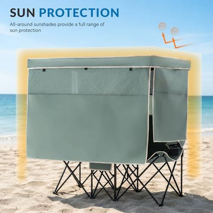 Double Beach Chair with Canopy Shade Oversized Camping Chairs with Canopy, Cooler Bag & Cup Holder Folding Loveseat for Camp Fishing Beach