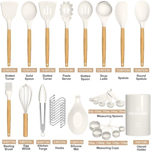 Umite Chef Kitchen Cooking Utensils Set, 33 pcs Non-stick Silicone Cooking Kitchen Utensils Spatula Set with Holder, Wooden Handle Silicone Kitchen Gadgets Utensil Set (Cream White)