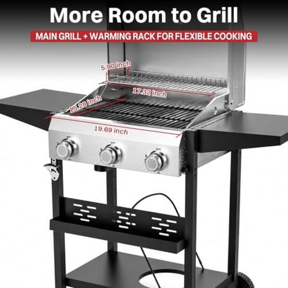 3 Burner Propane Gas Grill, 36000 BTU BBQ Grill with Lid & Wheels