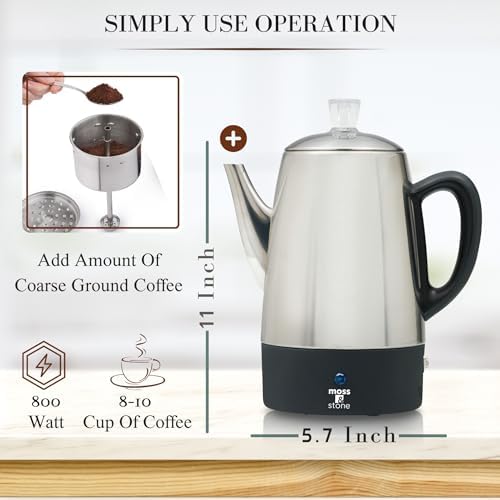 Moss & Stone 10 Cup Electric Percolator Coffee Pot, Stainless Steel