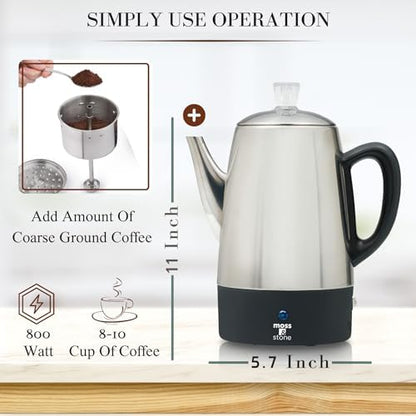 Moss & Stone 10 Cup Electric Percolator Coffee Pot, Stainless Steel
