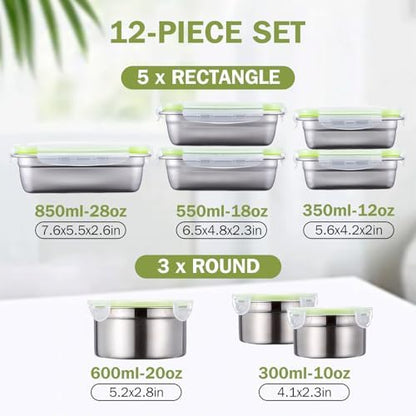 8 Pcs 304 Stainless Steel Food Storage Containers with Lids Leakproof, Reusable Airtight Meal Preparation Container Round and Square Stackable Food Container for Kitchen Picnic(Green Lids)