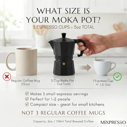 Mixpresso 3 Cup Moka Pot Stovetop Espresso Maker, Italian Cuban Coffee Pot