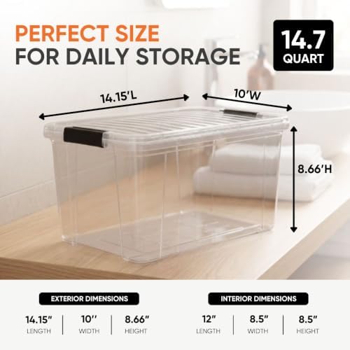Superio 14.7 Quart Clear Plastic Storage Boxes with Lids, Stackable Organizer Containers, BPA-Free Storage Bins for Home, Office, School & Dorm, 8 Pack