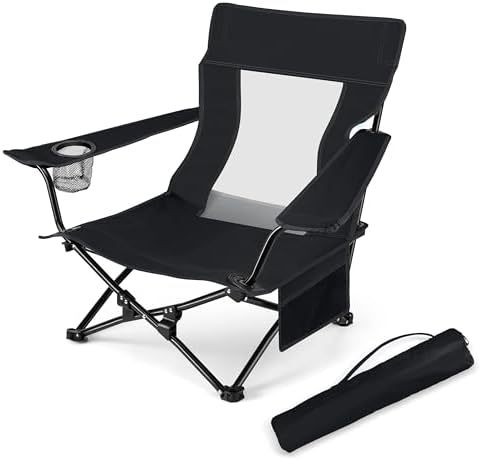 HaSteeL Low Beach Chairs, Folding Camping Lawn Chair for BBQ - Black