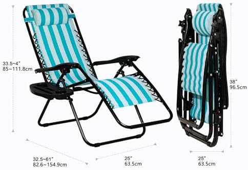 Nazhura Set of 2 Relaxing Recliners Patio Chairs Adjustable Steel Mesh Zero Gravity Lounge Chair Beach Chairs with Pillow and Cup Holder (Light Blue Stripe)