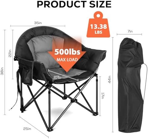 Romswi Oversized XXL Padded Camping Chairs for Adults, 1Pcs 500lbs Heavy Duty Support, 500G Ultra-Thick Cushion Sofa-Like Comfort, Folding Lawn Chair with Cooler Bag & Side Pockets, Black