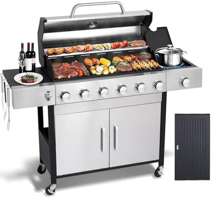 6 Burner Propane Gas Grill with Side Burner, Cast Iron Grates & Griddle Combo, Large Cabinet BBQ with Warming Rack for Backyard Patio, 620 SQ. IN. Cooking Area