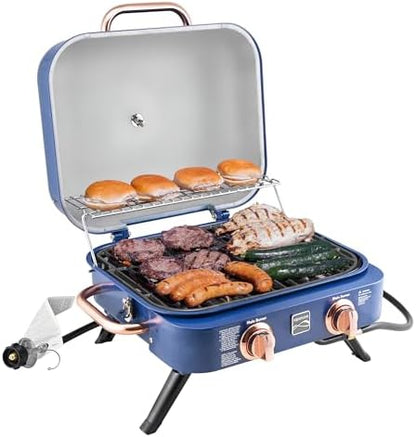 Kenmore Portable Propane Gas Grill - Tabletop BBQ Grill with Warming Rack, 2 Stainless Steel Burners with 14,000 BTUs, for Outdoor Kitchen, Camping, Navy & Copper