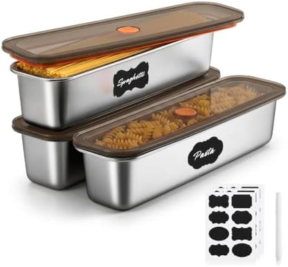 3pcs Stainless Steel Pasta Storage Containers Set with Labels and Marker, Stainless Steel Spaghetti Canisters for Pasta organizer,. Upgraded Airtight Food Containers 1.4L