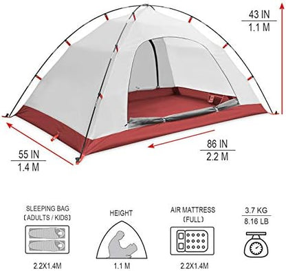 KAZOO 2／4 Person Camping Tent Outdoor Waterproof Family Large Tents 2/4 People Easy Setup Tent with Porch Double Layer