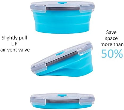 Collapsible Food Storage Containers with Airtight Lid & Vent, 40.5 oz, Kitchen Stacking Silicone Collapsible Meal Container Set for Leftover, Microwave Freezer Dishwasher Safe, Blue Round, Set of 4