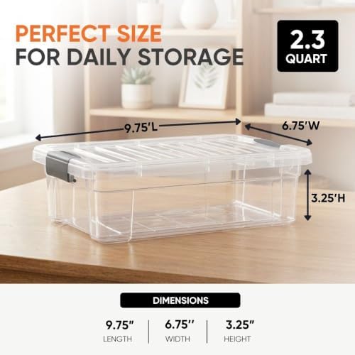 Superio 2.3 Quart Clear Plastic Storage Containers with Lids, Stackable Organizer Bins, BPA-Free Storage Boxes for Home, Office, Dorm & Classroom, 6 Pack