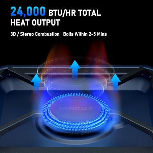 WINKIZA 304 Stainless 2 Burner Propane Camping Stove with Dual-outlet Gas Hose，Portable Floding Propane Camp Stoves with 24000BTU，Camping Essentials Gear Includes Frying Pan, Stand,Clip & Carry Bag