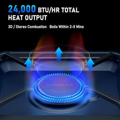 WINKIZA 304 Stainless 2 Burner Propane Camping Stove with Dual-outlet Gas Hose，Portable Floding Propane Camp Stoves with 24000BTU，Camping Essentials Gear Includes Frying Pan, Stand,Clip & Carry Bag